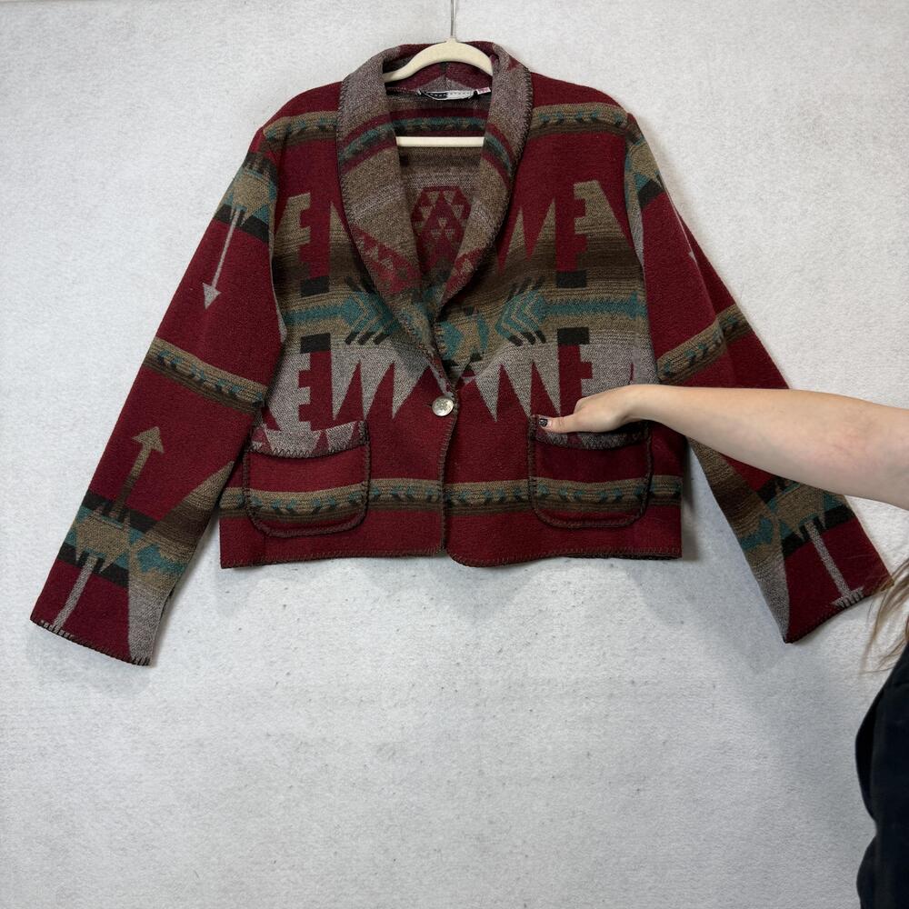 Rhonda Stark Blazer Womens Medium Red Wool Southwestern Western Button Jacket - Picture 3 of 7